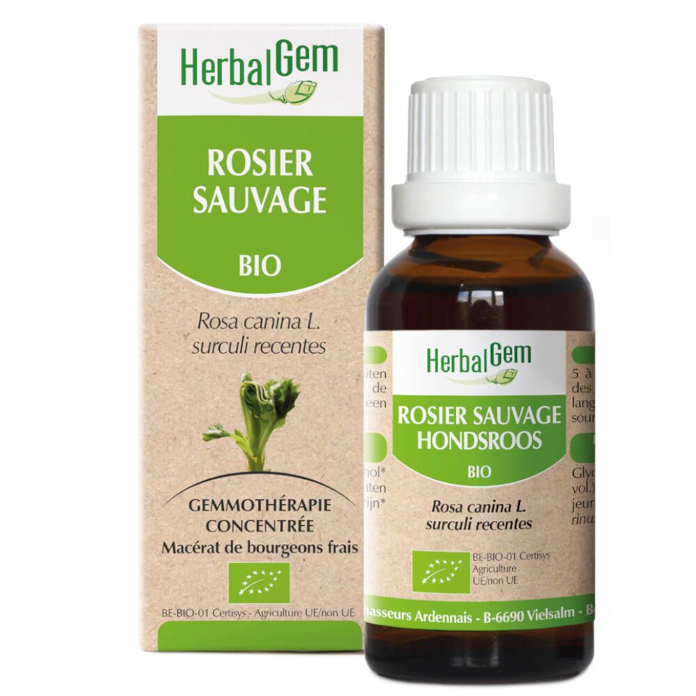 Braune Glasflasche mit weißem Deckel und Etikett. Daneben eine rechteckige Verpackung. Aufschrift: HerbalGem, Rosier Sauvage Bio.