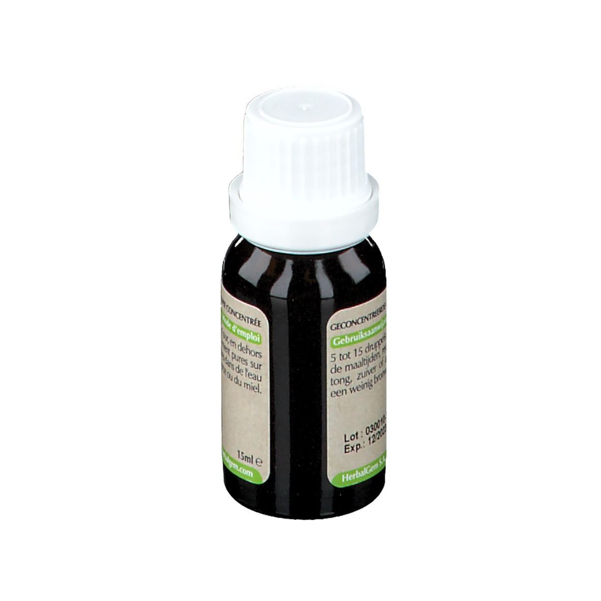 Flacon brun avec bouchon blanc. Étiquette avec informations produit. HerbalGem.