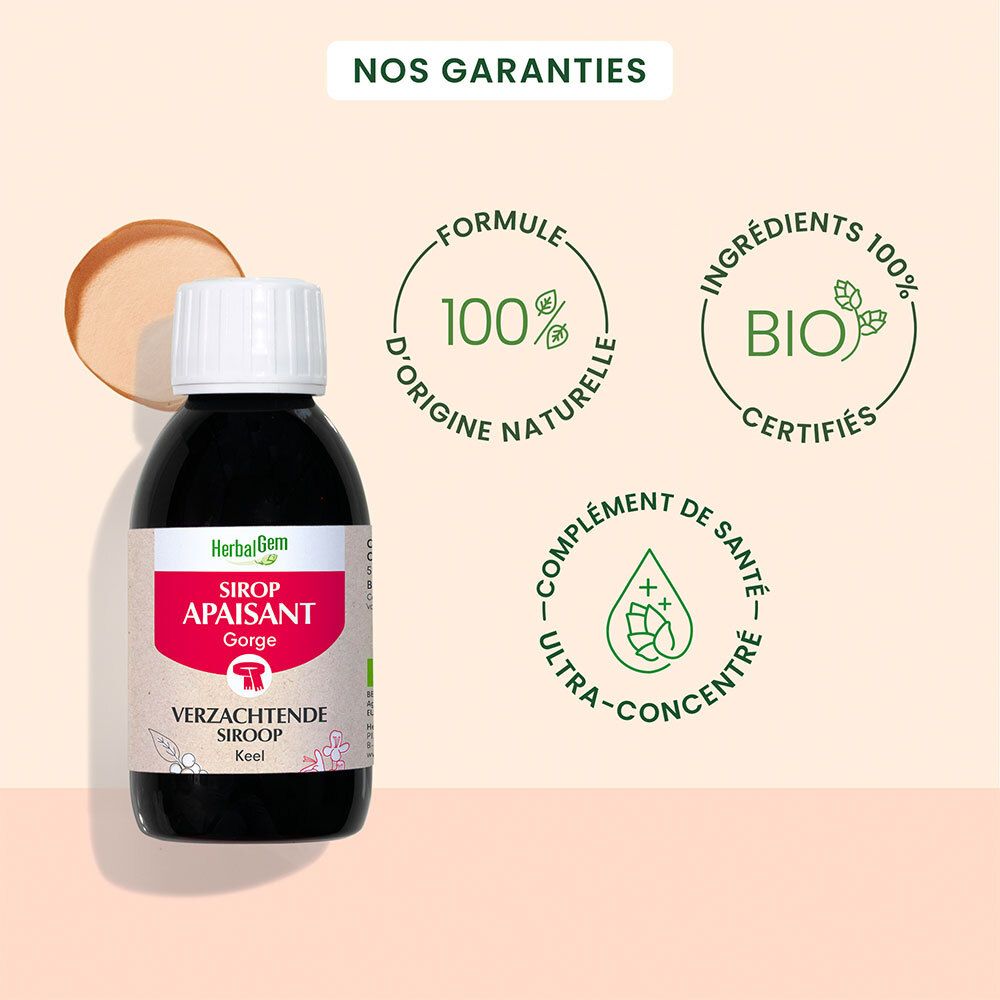 Flacon Herbalgem. Inscription : Sirop Apaisant Gorge. Apaise la gorge irritée. Certification Bio.