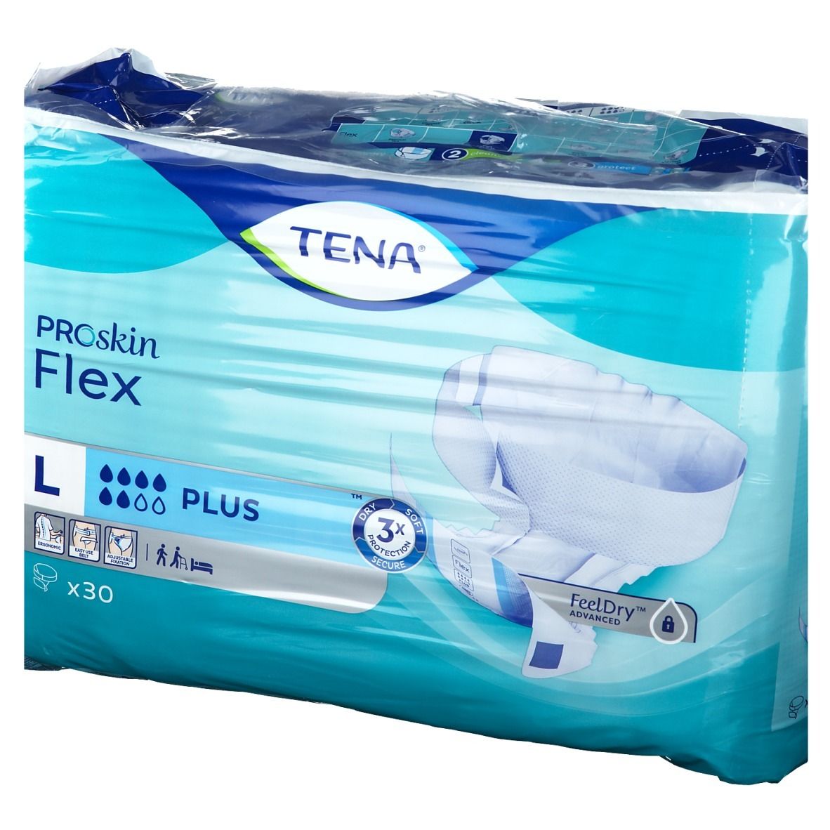 Emballage TENA ProSkin Flex L. Emballage bleu avec image du produit. Taille L, 30 unités.