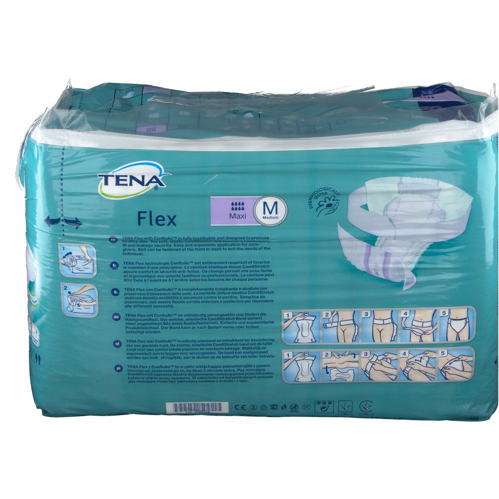 Emballage Tena Flex Maxi M. Inscription de la marque, du nom du produit, de la taille M et du niveau d'absorption. Illustration du produit.