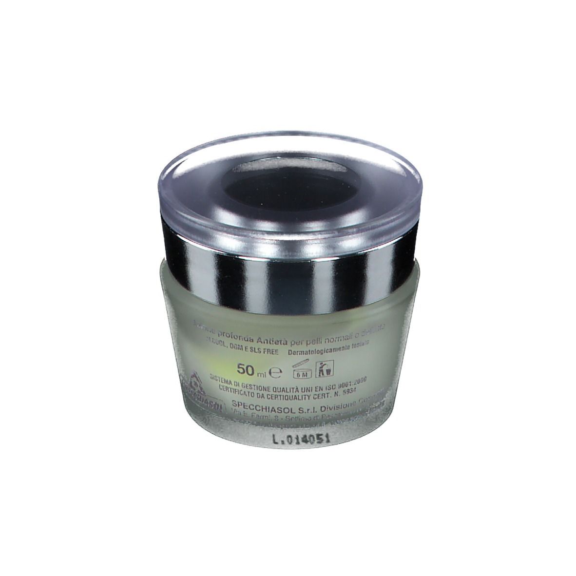 Pot de crème avec bord argenté et couvercle transparent. Inscription : 50 ml, autres informations et logos sur l'étiquette.
