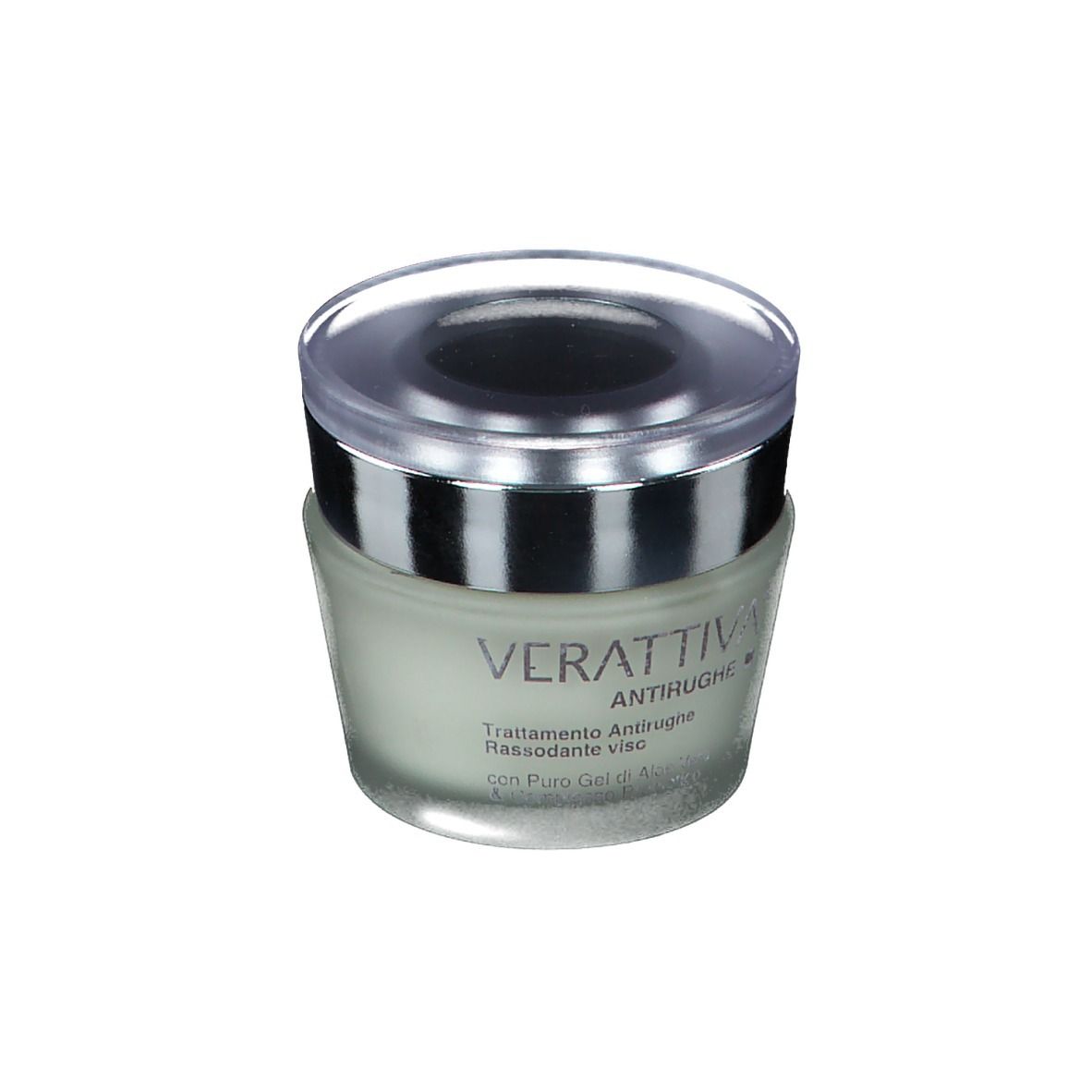 Pot de crème avec bord argenté et couvercle transparent. Inscription : Verattiva, Antirughe, Trattamento Antirughe, Rassodante viso.