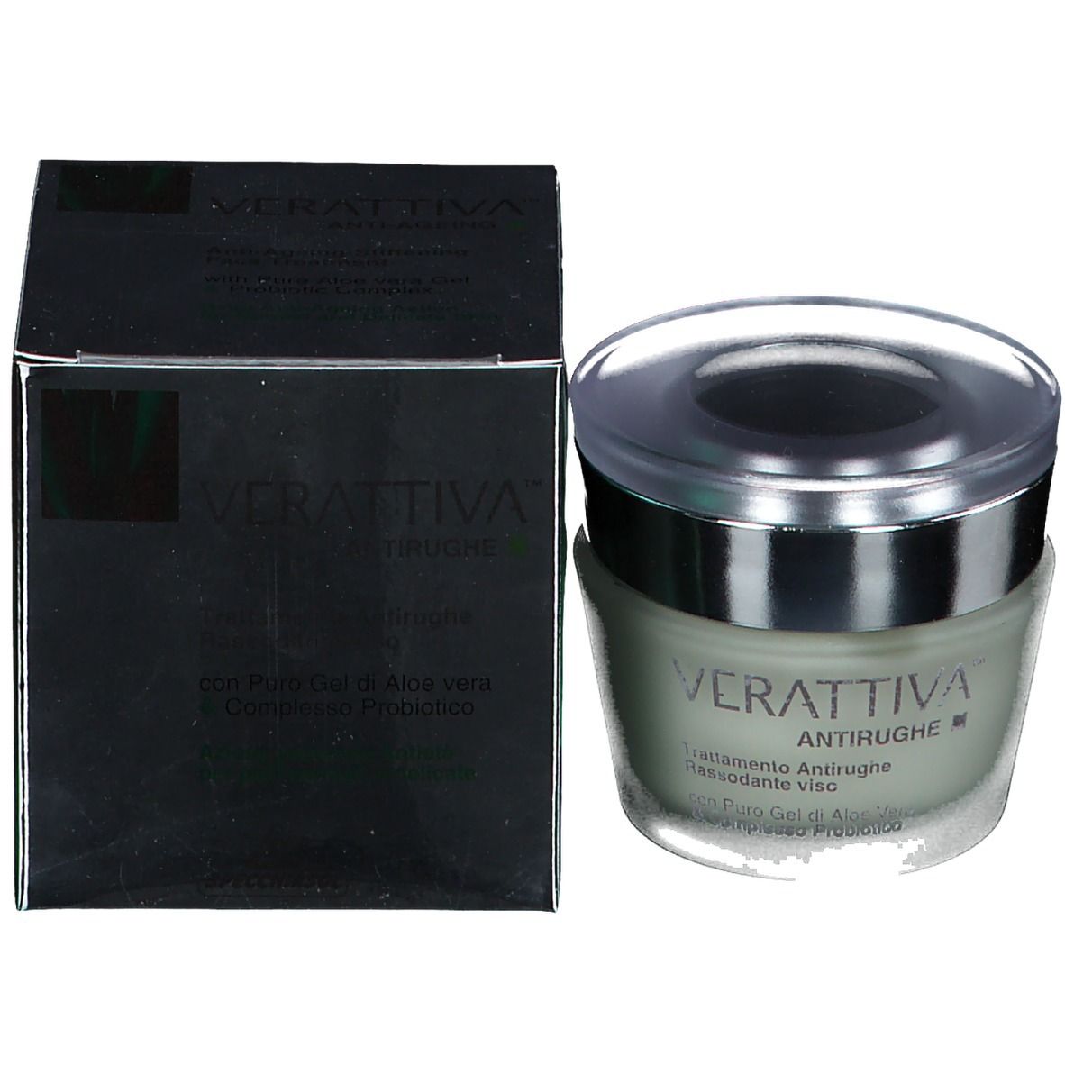 Pot de crème avec bord argenté et couvercle transparent, à côté d'un emballage noir. Inscription : Verattiva, Antirughe.