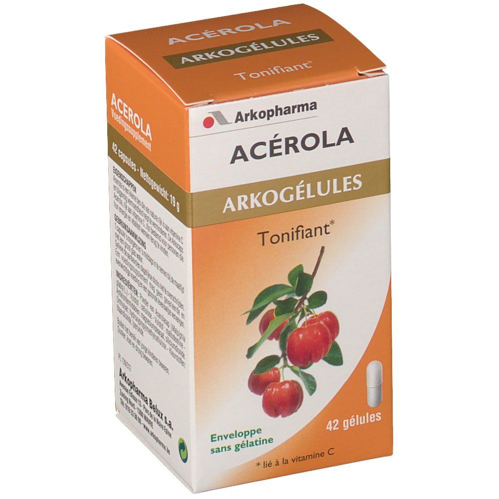 Orangefarbene Schachtel mit Acerola-Kapseln. Aufschrift: Arkocaps Acerola, 42 Kapseln. Abbildung von Acerola-Früchten und Kapsel.