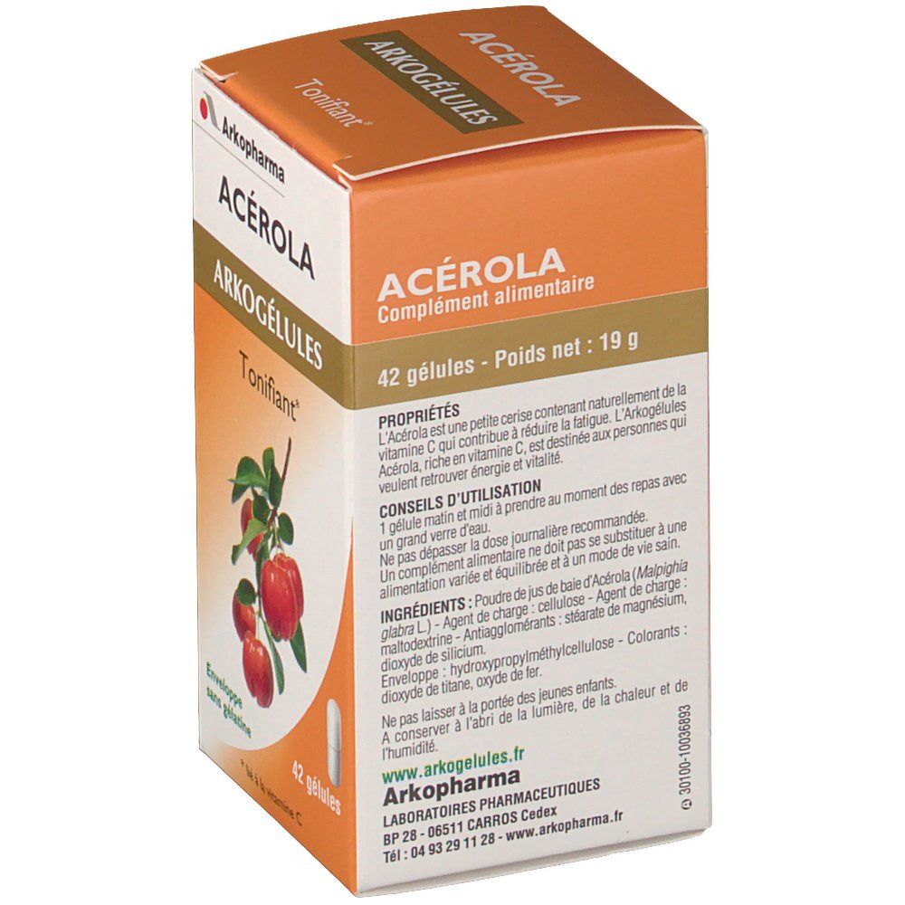 Orangefarbene Schachtel mit Acerola-Kapseln. Aufschrift: Arkocaps Acerola, 42 Kapseln, 19g. Abbildung von Acerola-Früchten und Kapsel. Text.
