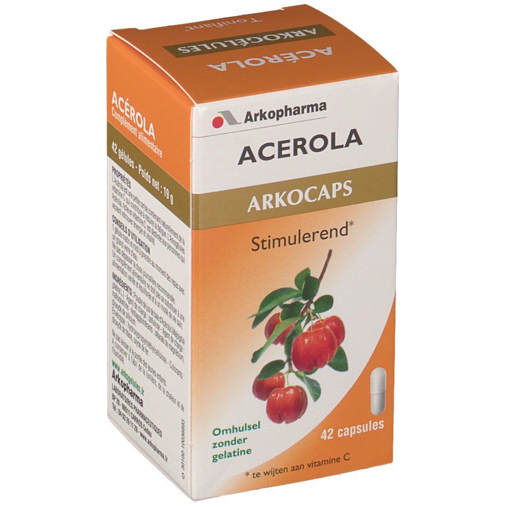 Orangefarbene Schachtel mit Acerola-Kapseln. Aufschrift: Arkocaps, 42 Kapseln. Abbildung von Acerola-Früchten und Kapsel. Text: Stimulierend.