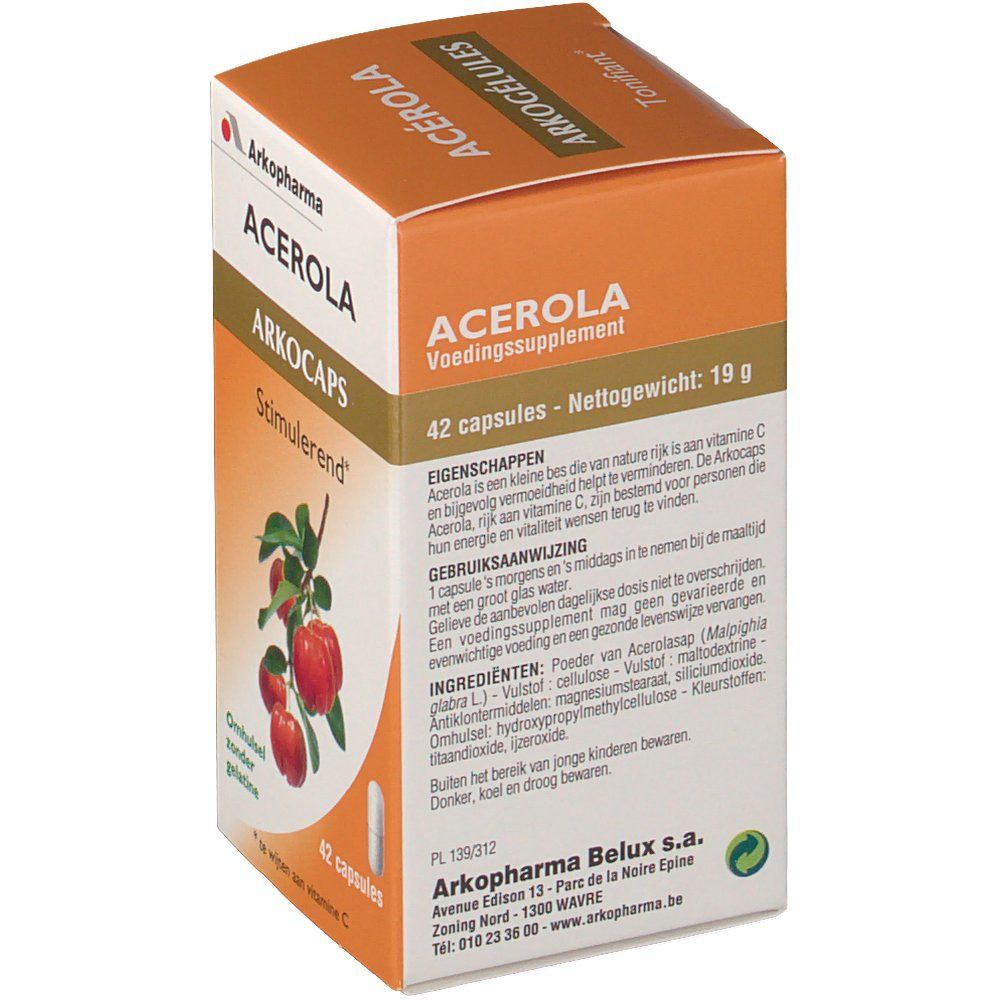 Orangefarbene Schachtel mit Acerola-Kapseln. Aufschrift: Arkocaps, 42 capsules, 19g. Abbildung von Acerola-Früchten und Kapsel. Text.