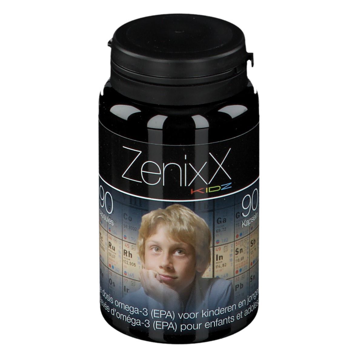 Schwarze Flasche mit ZenixX Kidz. Aufdruck: 90, Bild eines Jungen. Omega-3-Kapseln für Kinder.
