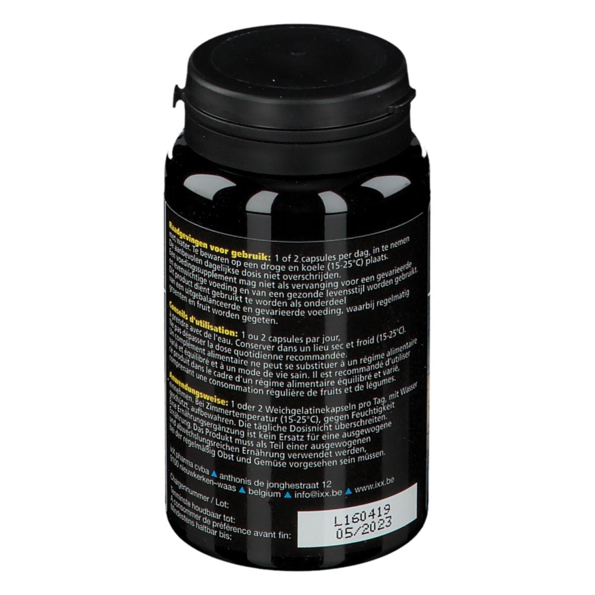 Rückseite der schwarzen Flasche ZenixX Kidz. Text, 90 Kapseln. Omega-3 für Kinder und Jugendliche.