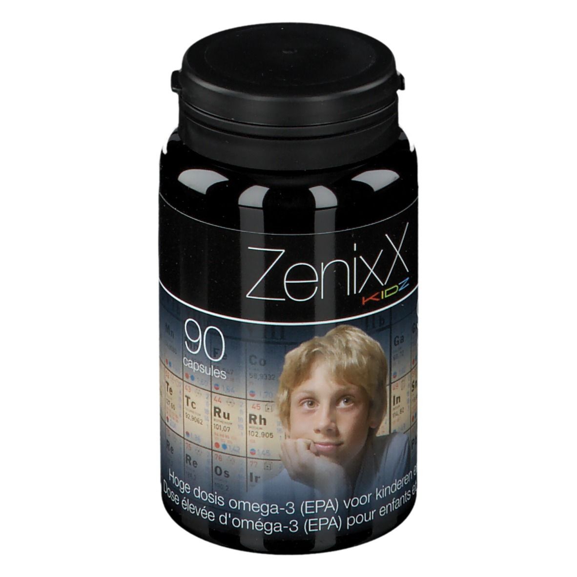 Schwarze Flasche ZenixX Kidz. 90 Kapseln. Bild eines Jungen. Omega-3 für Kinder und Jugendliche.