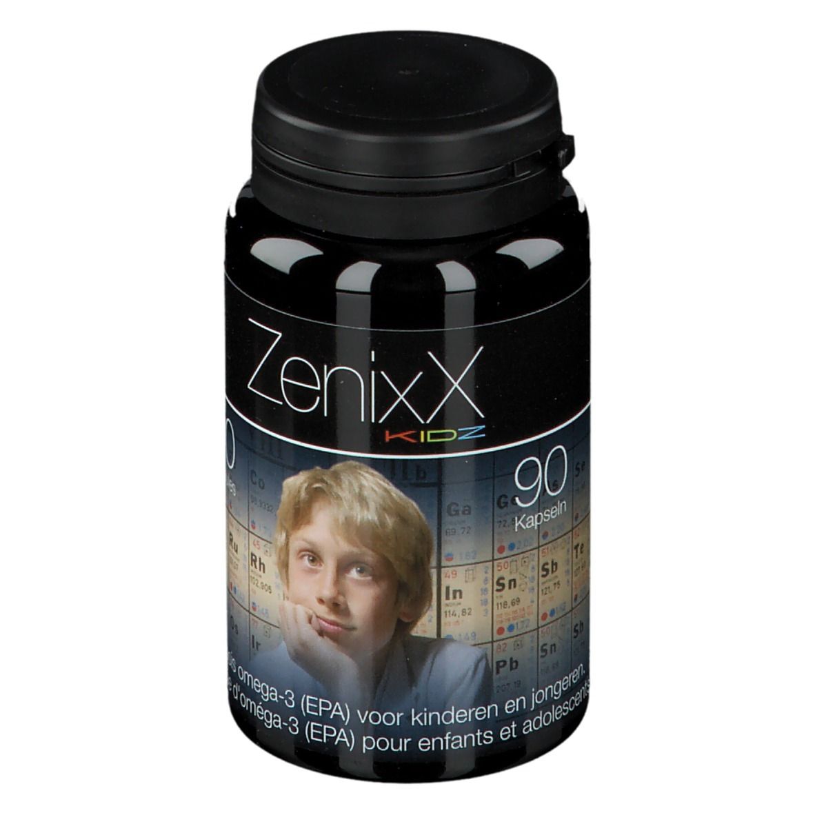 Schwarze Flasche ZenixX Kidz. 90 Kapseln. Bild eines Jungen. Omega-3 für Kinder und Jugendliche.