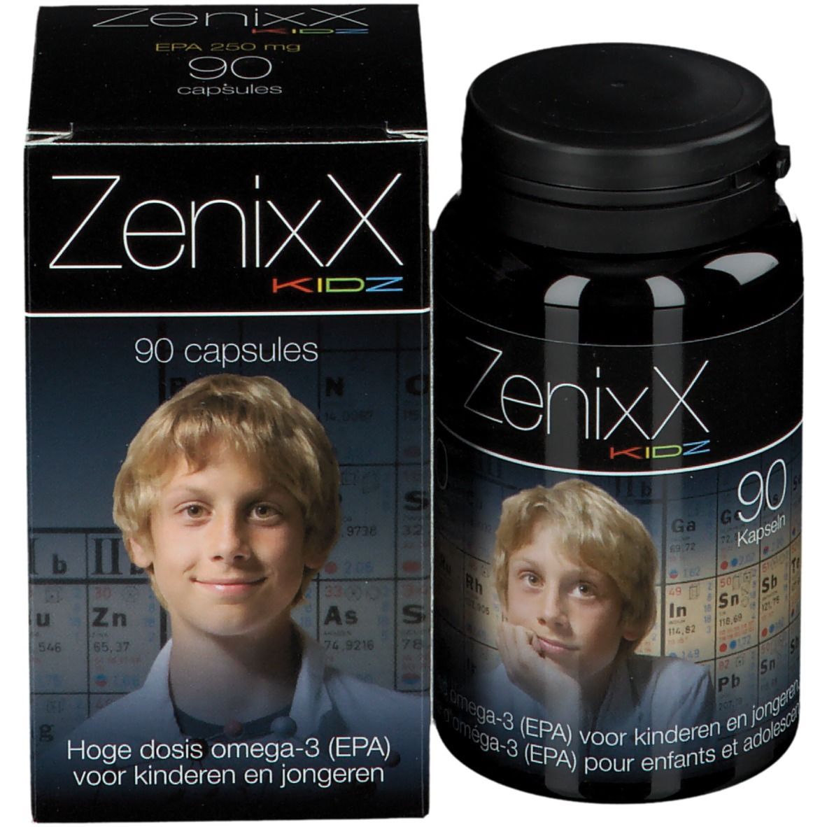ZenixX Kidz, 90 Kapseln, mit Flasche und Schachtel. Bild eines Jungen. Omega-3 für Kinder.