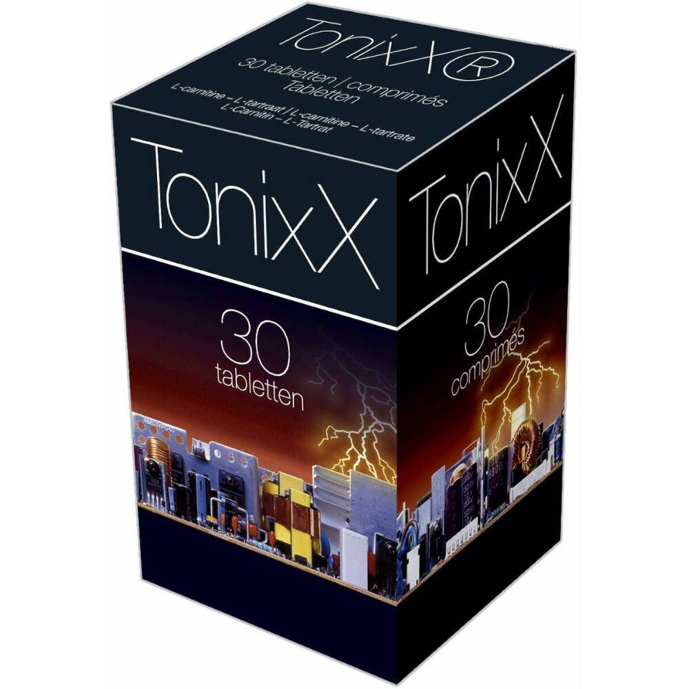 Schwarze Schachtel mit "TonixX"-Logo und "30 Tabletten". Hintergrund: Stadtlandschaft mit Blitz.
