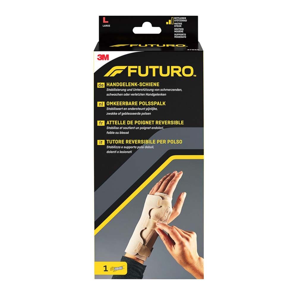 3M™ FUTURO™ Handgelenkschiene, Large. Beige. Verpackung mit Produktabbildung und Größenangabe.