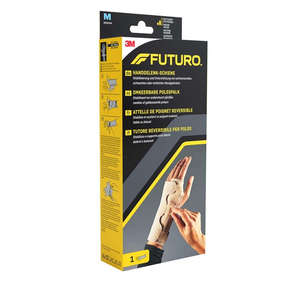 3M FUTURO Handgelenkschiene, Medium. Verpackung, Produkt und Hand. Text: Handgelenk-Schiene, umkehrbar.
