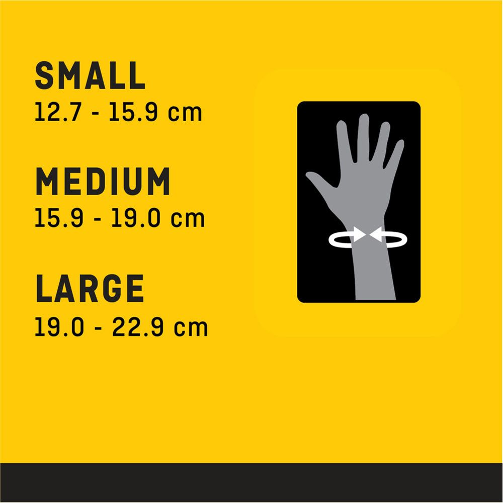 Indications de taille pour l'attelle de poignet Futuro™ 3M™. Illustration de main avec tailles S, M, L.
