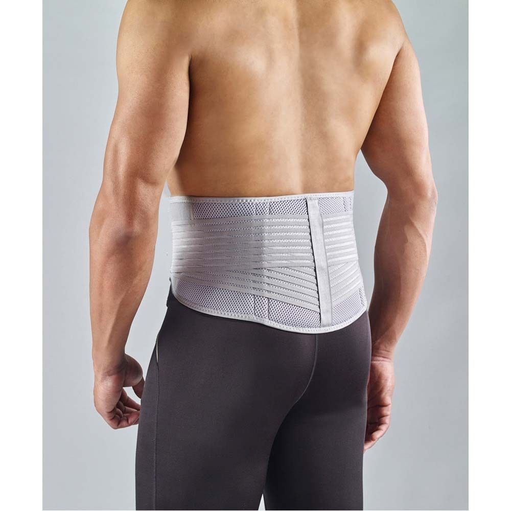 Rückenbandage, grau. L/XL-Größe. Detailansicht der Innenseite mit Polstern.