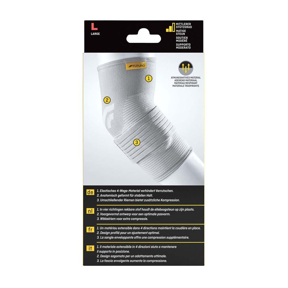 3M FUTURO Ellenbogen-Bandage, Größe L. Rückseite der Verpackung mit Produktabbildung und Text in Deutsch, Niederländisch, Französisch, und Italienisch.