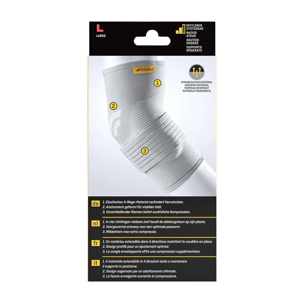 Dos de la boîte 3M FUTURO, taille L. Caractéristiques du produit et texte en plusieurs langues.