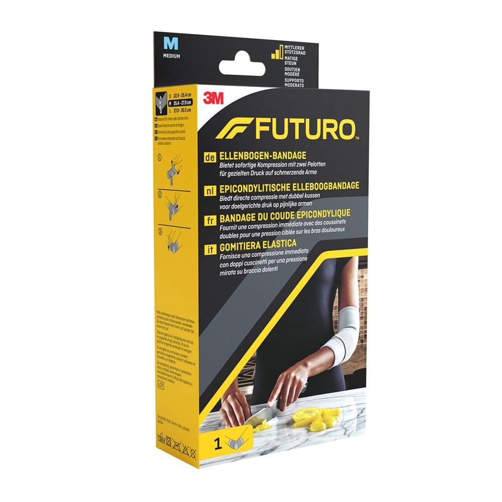 3M FUTURO Comfort Lift Ellbogenschoner Anti-Epicondylitis, Größe M. Verpackung mit Produktabbildung und Text.