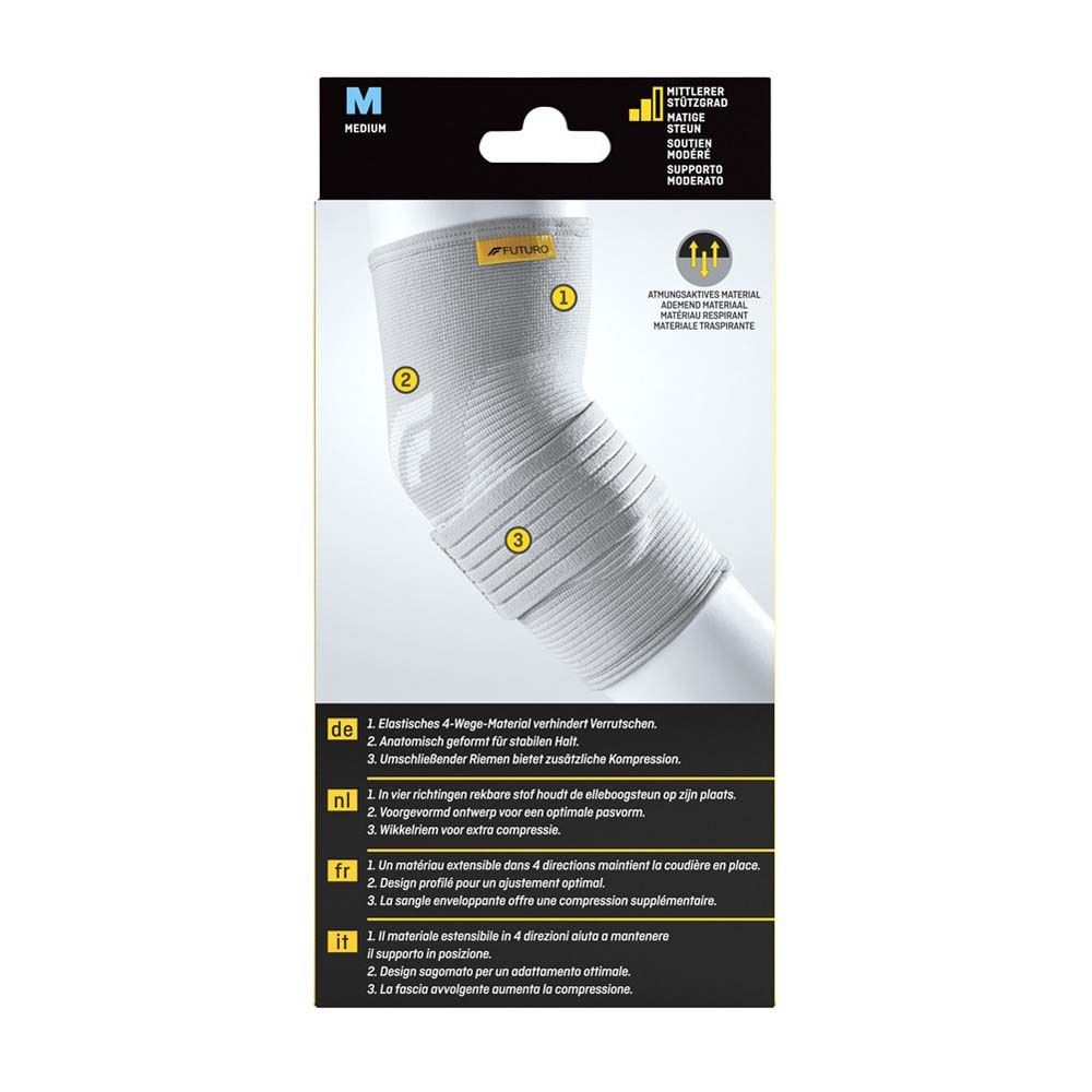 3M FUTURO Comfort Lift Ellbogenschoner Anti-Epicondylitis, Größe M. Rückseite mit Produktmerkmalen.