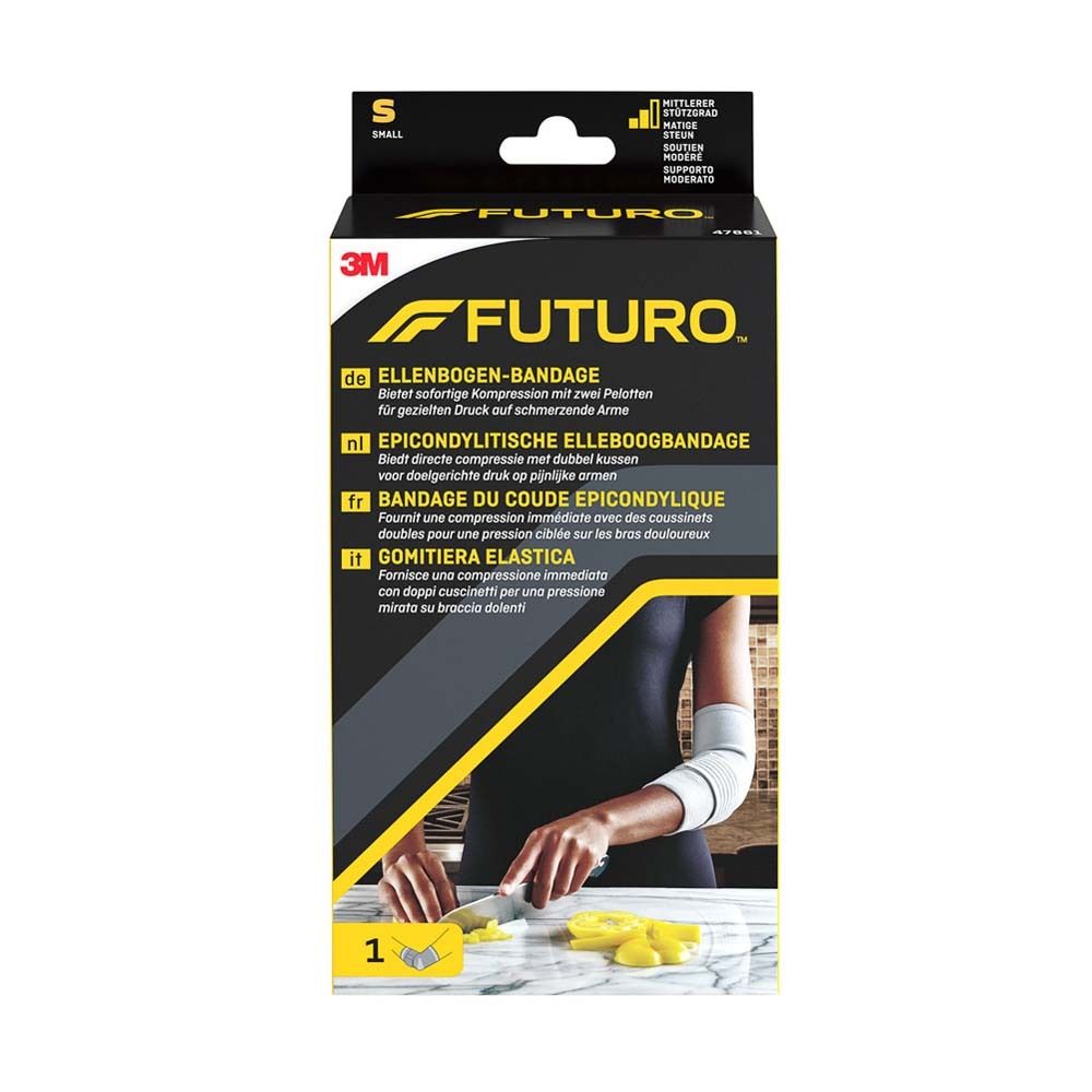 3M FUTURO Ellbogenschoner, Größe S, in Verpackung. Produktabbildung mit Arm. Text: Ellenbogen-Bandage.
