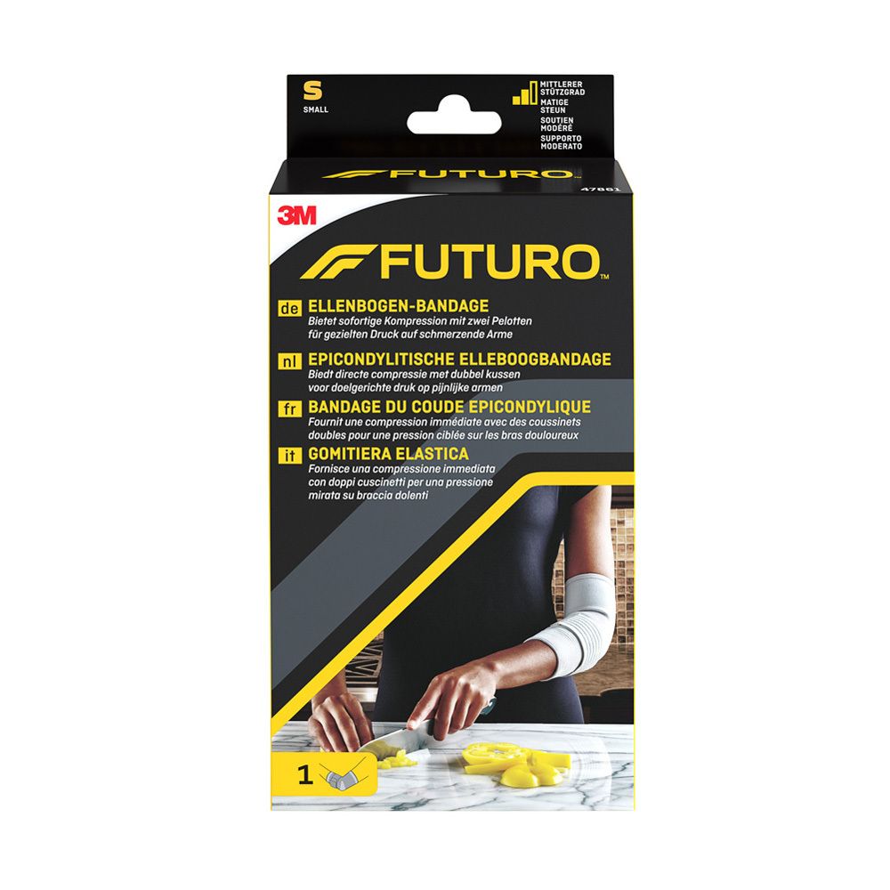 3M FUTURO coudière, taille S, en emballage. Image du produit avec un bras. Texte: Bandage du coude.