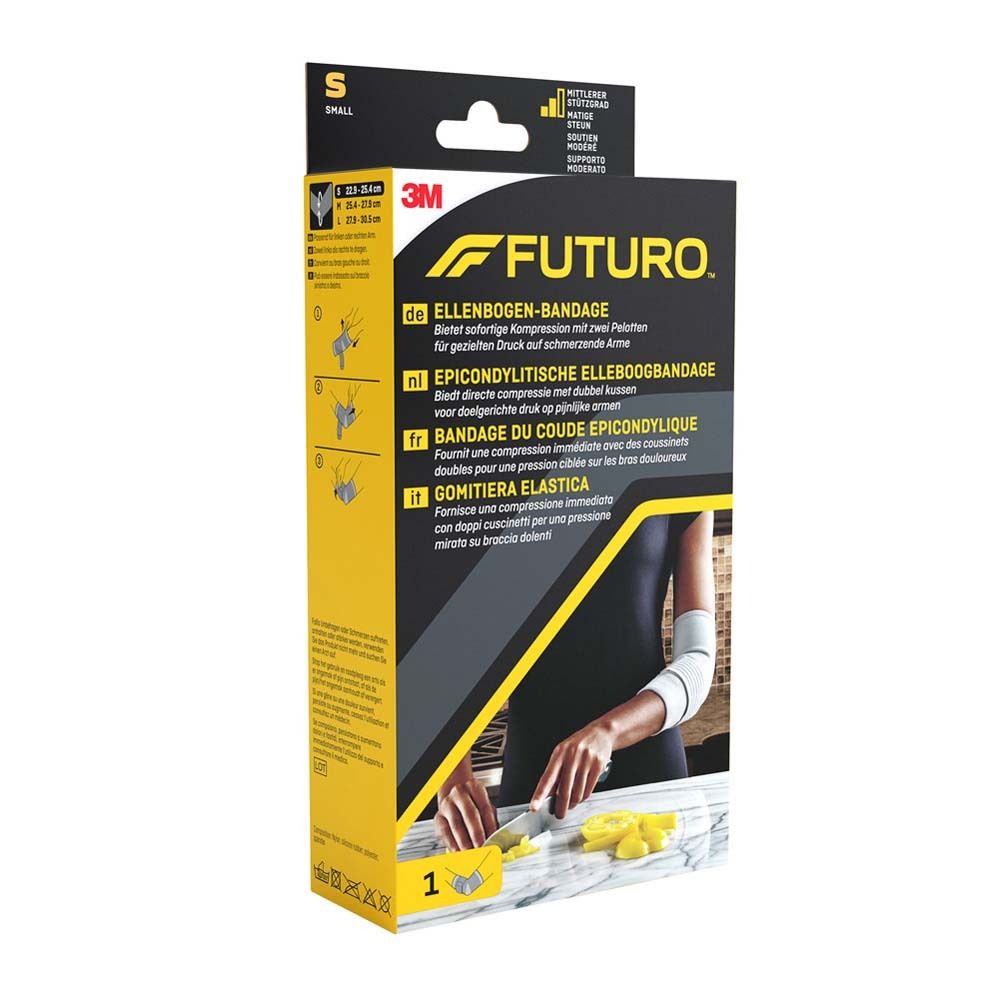 3M FUTURO Ellbogenschoner, Größe S, in Verpackung. Produktabbildung mit Arm. Text: Ellenbogen-Bandage.