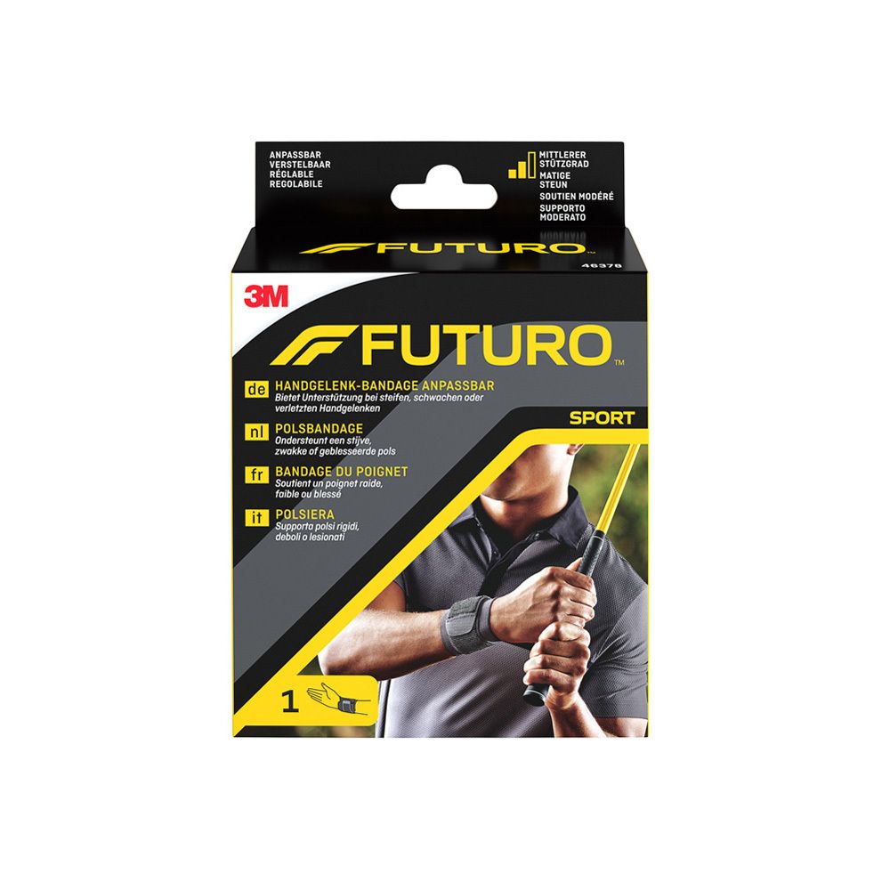 3M™ Futuro™ Sport Bandage poignet. Emballage avec image du produit et texte. Bandage au poignet d'une personne.