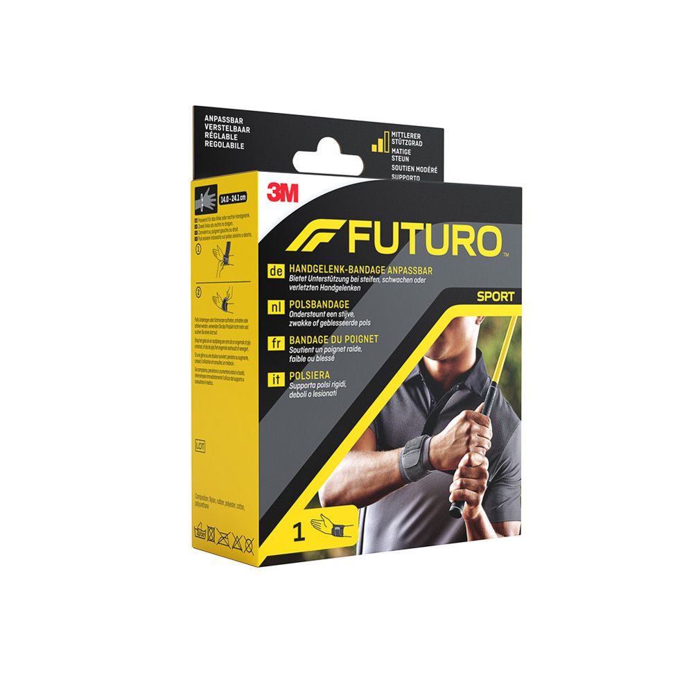 3M™ Futuro™ Sport Bandage poignet. Emballage avec image du produit et texte. Bandage au poignet d'une personne.
