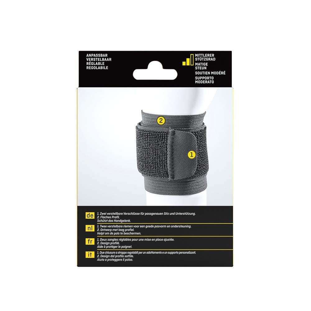 Handgelenkbandage. Zwei verstellbare Verschlüsse. Flaches Profil. Schwarzes Textil.