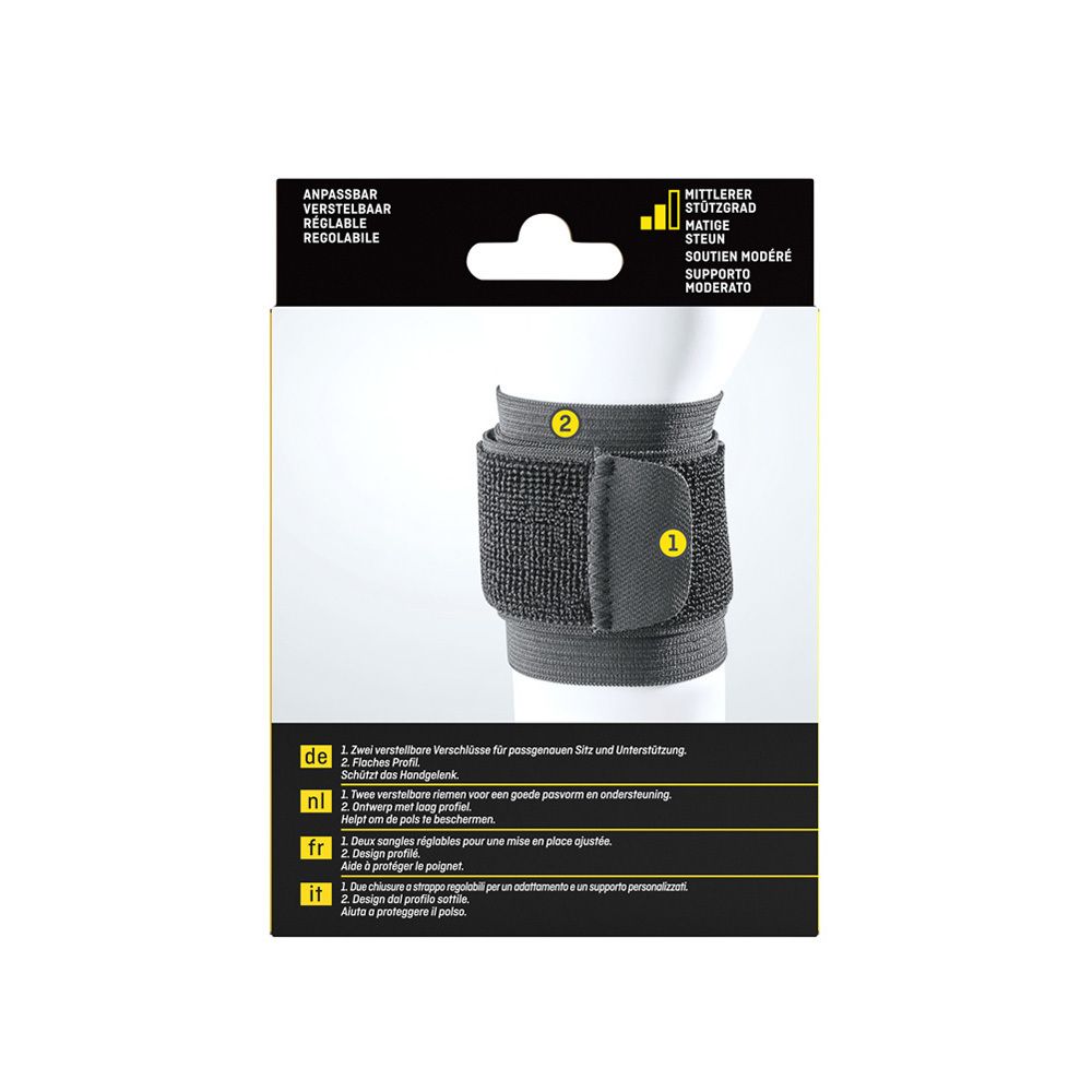 3M™ Futuro™ Bandage poignet. Image du produit avec deux fermetures velcro. Descriptions en plusieurs langues.