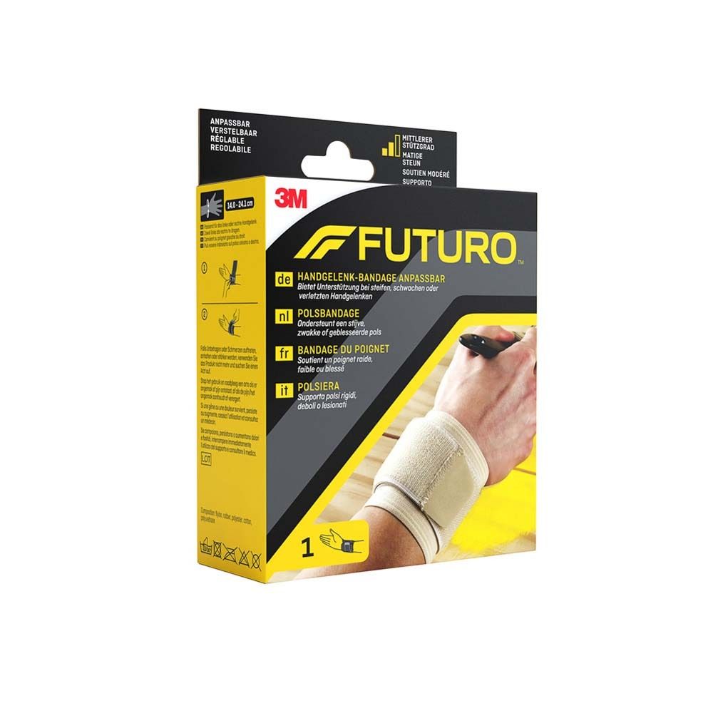 3M™ Futuro™ Handgelenkbandage. Beige. Verpackung mit Produkt und Hand. Text: Handgelenkbandage anpassbar.