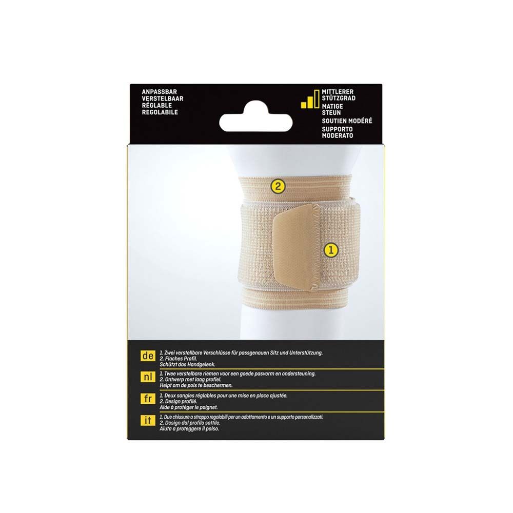 3M™ Futuro™ Handgelenkbandage. Beige. Produkt auf weißem Hintergrund. Zwei Klettverschlüsse.