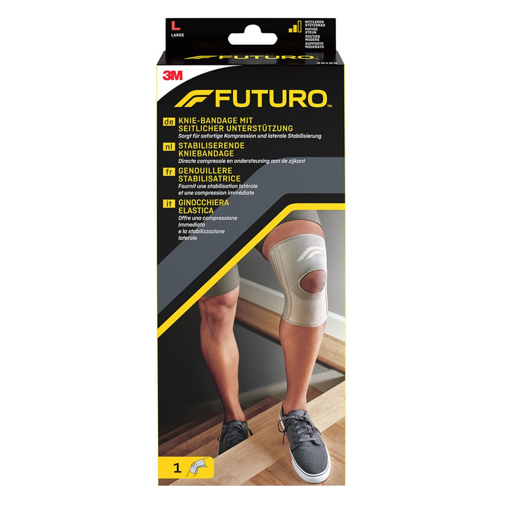 Genouillère de sport Futuro™ taille L, en emballage. Soutien latéral. Image du produit.