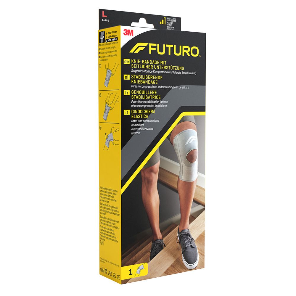 Genouillère de sport Futuro™ taille L, en emballage. Soutien latéral. Image du produit.