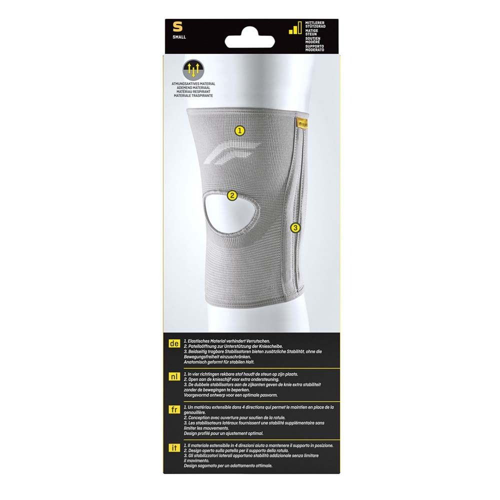 Rückseite des FUTURO Kniestabilisators, Größe S. Graue Kniebandage. Details zur Konstruktion. Größe S.