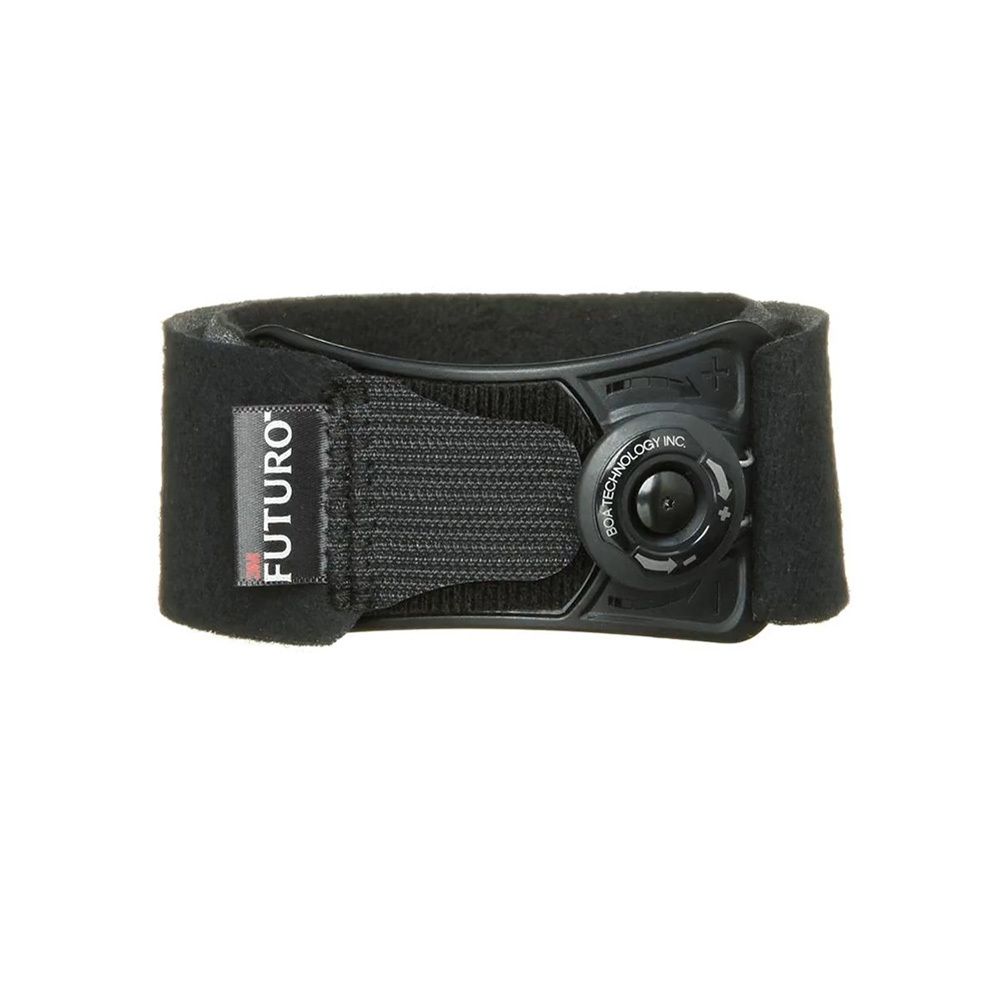 Genouillère FUTURO taille S, en emballage. Soutien latéral. Exemple de produit sur une jambe.