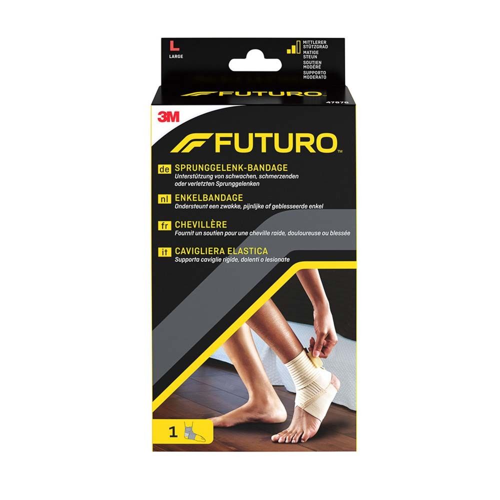 3M FUTURO Knöchelbandage, Größe L, in Verpackung. Beige Bandage am Fuß abgebildet.