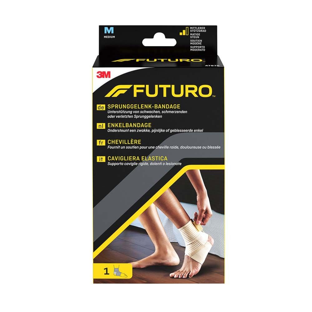 Futuro™ Knöchelbandage Chair Skin M. Beige, elastisch. Verpackung mit Produktabbildung und Größenangabe.