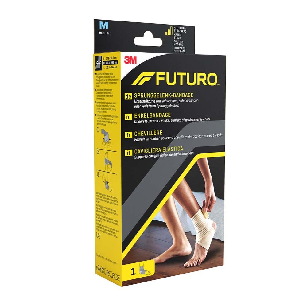 Futuro™ Knöchelbandage Chair Skin M. Verpackung mit Produktabbildung, Größenangabe und Gebrauchsanleitung.