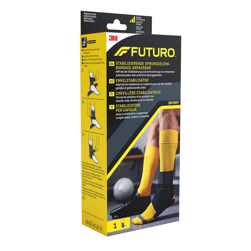 3M™ Futuro™ Sport Deluxe Fußgelenksbandage. Verpackung mit Produktabbildung und Text. Gelb-schwarzes Design.