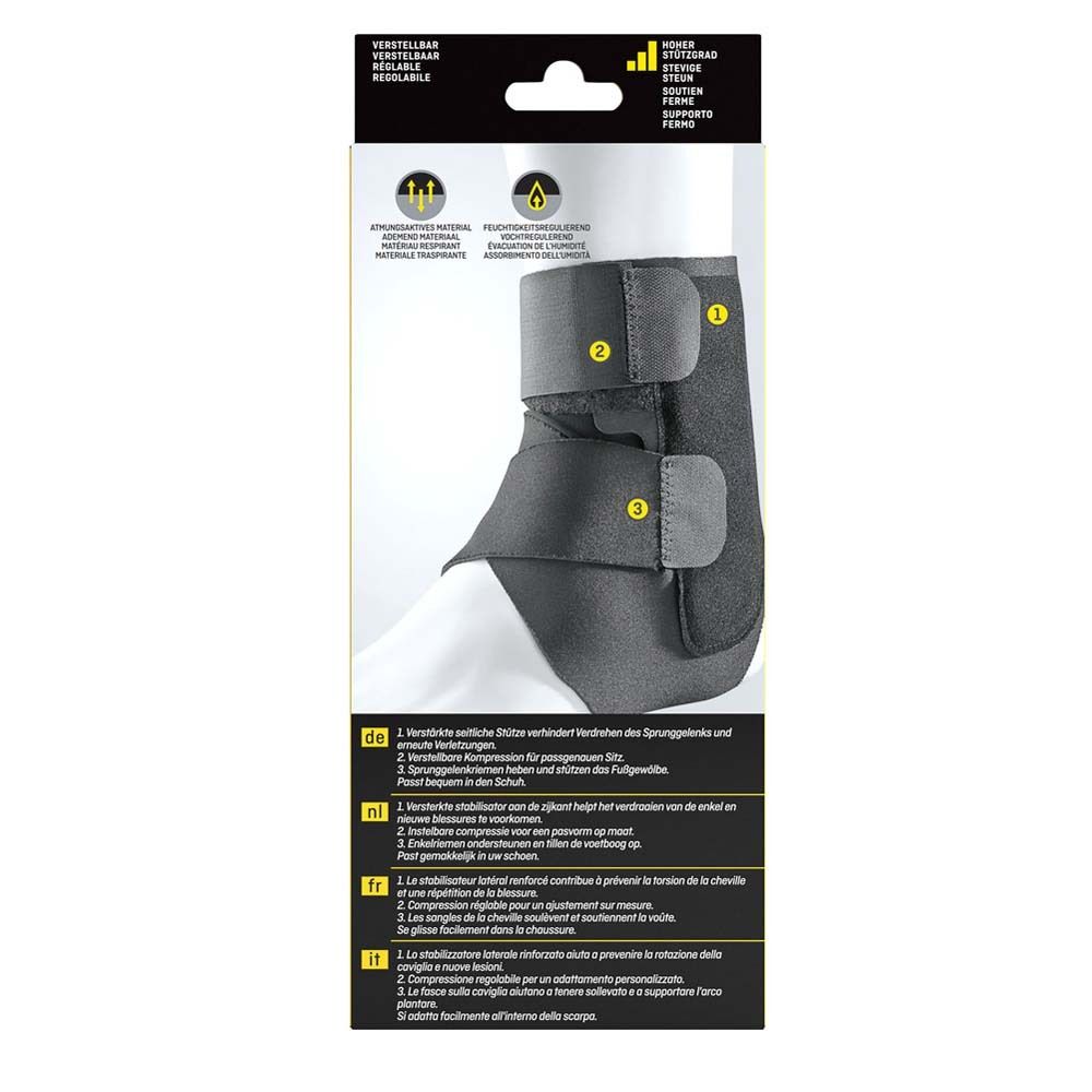 3M™ Futuro™ Sport Deluxe Fußgelenksbandage. Rückseite der Verpackung. Produktabbildung und Text.