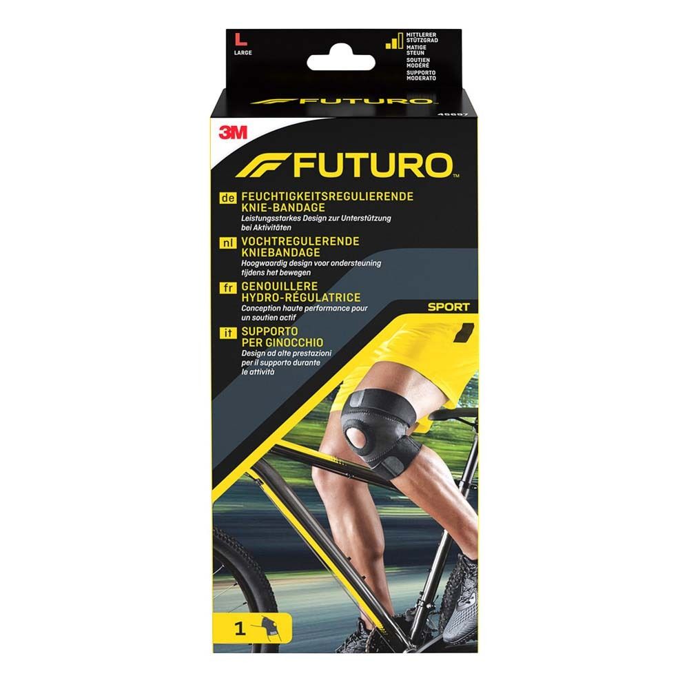Futuro Sport Kniebandage in Verpackung. Schwarz-gelbes Design. Größe L. 3M Logo.