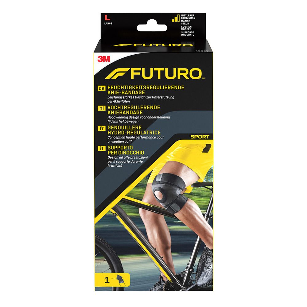 Genouillère Futuro™ Sport, L. Emballage avec produit et jambe à vélo. Textes en allemand, français, italien et néerlandais.