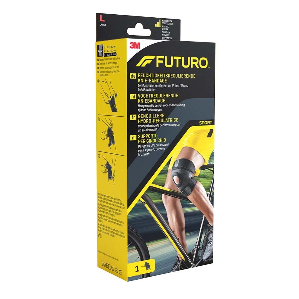 Futuro Sport Kniebandage Verpackung. Produktabbildung und Anwendungshinweise. Größe L.