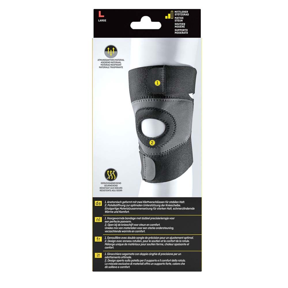 Rückseite der Futuro Sport Kniebandage Verpackung. Produktmerkmale in Deutsch, Niederländisch, Französisch, Italienisch.