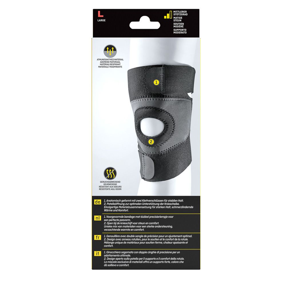 Genouillère Futuro™ Sport, L. Verso de l'emballage. Caractéristiques du produit en allemand, français, italien et néerlandais.