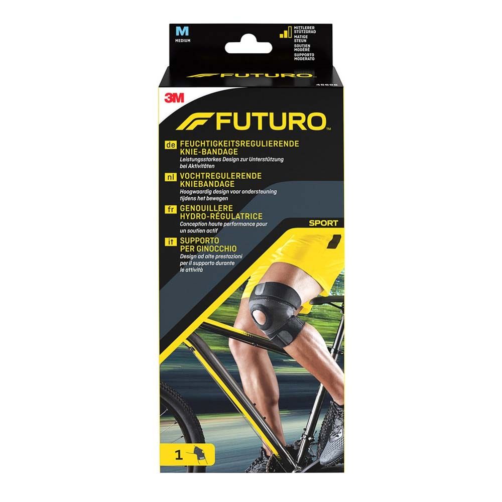 Futuro™ Sport Kniestütze. Schwarze und graue Bandage auf Verpackung. Größe M. Fahrradfahrer.